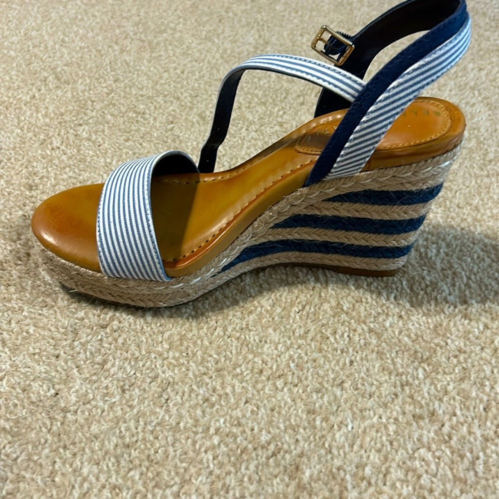 Kelly and Katie blue stripe wedges